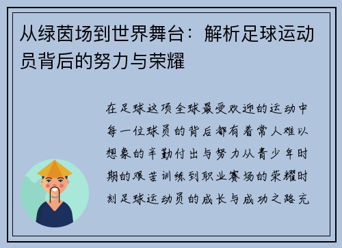 从绿茵场到世界舞台：解析足球运动员背后的努力与荣耀