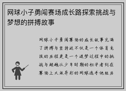 网球小子勇闯赛场成长路探索挑战与梦想的拼搏故事