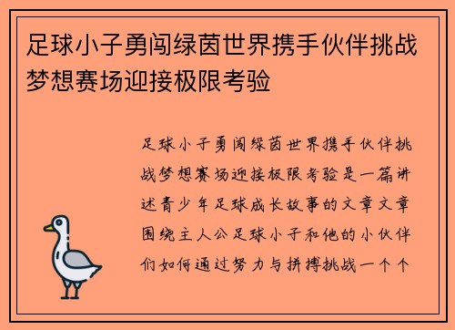 足球小子勇闯绿茵世界携手伙伴挑战梦想赛场迎接极限考验